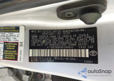 2008 Toyota Avalon Xls z USA, uszkodzony, nr VIN 4T1BK36B08U268933